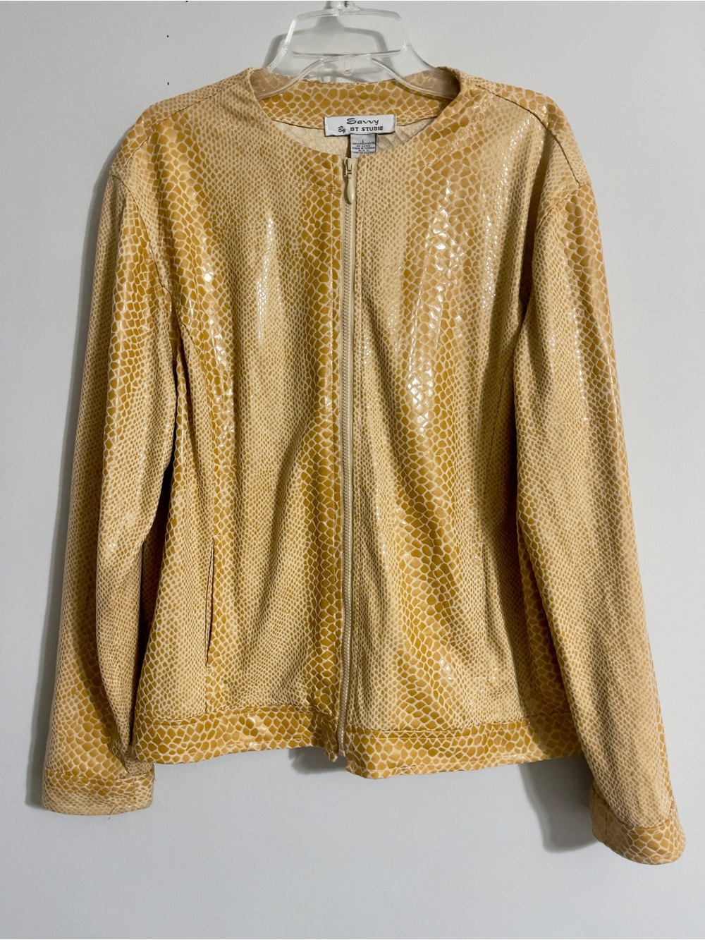 Vintage Yellow Snakeskin Print Faux Leather Zip Bomber Jacket Sz L Animal Print